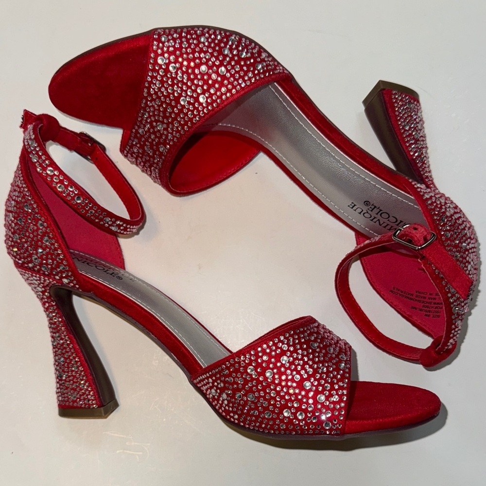 Dominique Red Rhinestone Ankle-Strap Heels - Picture 2 of 6